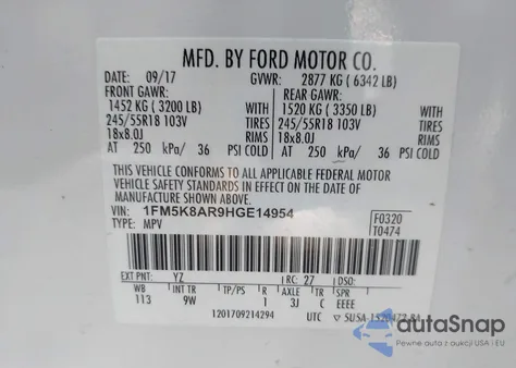 2017 Ford Police Interceptor из США, поврежденный, VIN 1FM5K8AR9HGE14954